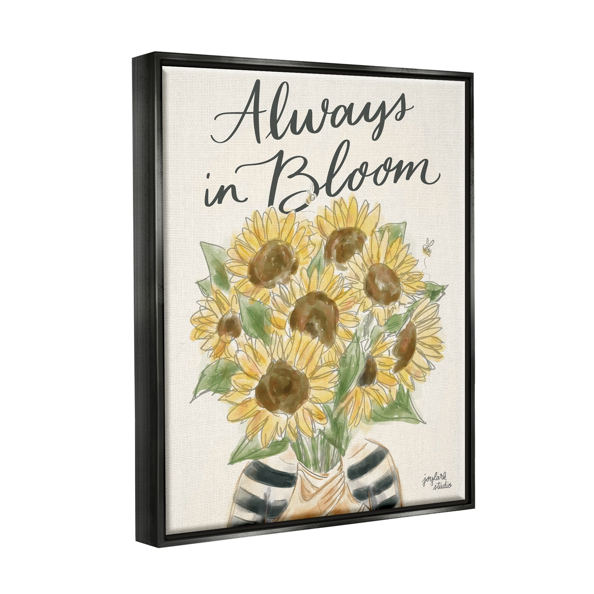 Stupell Industries Always In Bloom Person Holding Sunflowers Calligraphy Graphic Art Jet Black Floating Framed Canvas Print Wall Art, Design by Jess Baskin