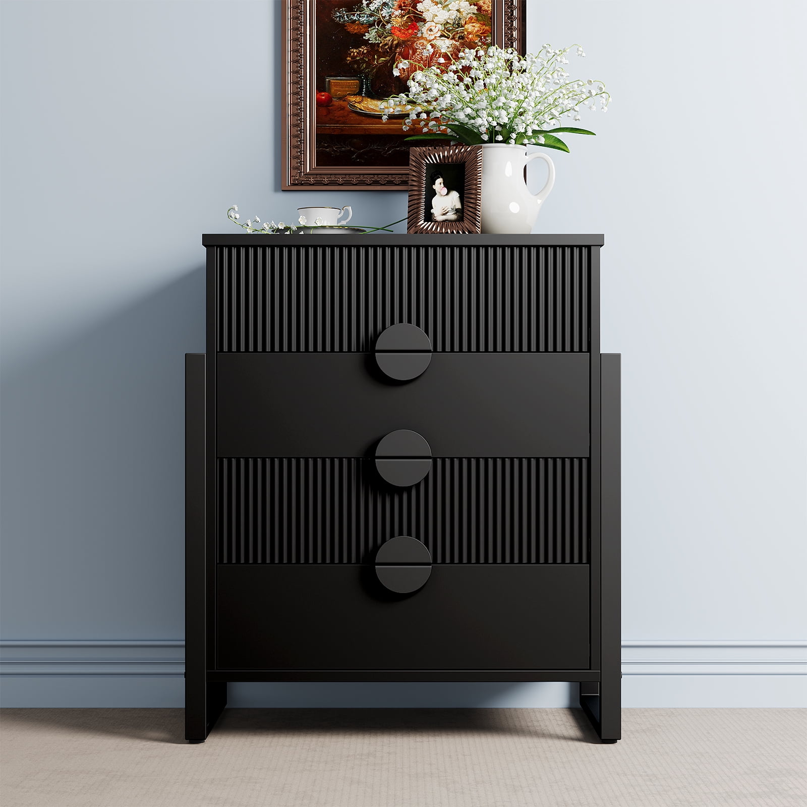 Dressers for Bedroom, 4 Drawers Fluted Dresser with Metal Handles, Modern Chest of Drawers Storage Cabinet for Living Room, Entryway,Black