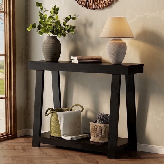 Monteka 43.5" Black Wood Grain Console Table, with 2-Tier Storage structure providing ample storage space, Easy Clean Surface, Multi-Scene Narrow Console Table for Hallway, Living Room, Bedroom