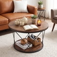 thumbnail image 5 of Finmind 2-Tier Solid Wood Round Coffee Table, 31.5" Industrial Circle Center Table with X-Shaped Metal Frame for Living Room, Rustic Brown and Black, 5 of 8