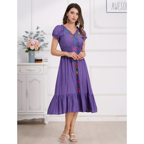 IDOPIP Women Mexican Dress Floral Embroidery V Neck Short Puff Sleeve  Traditional Fiesta Dresses - Walmart Business Supplies