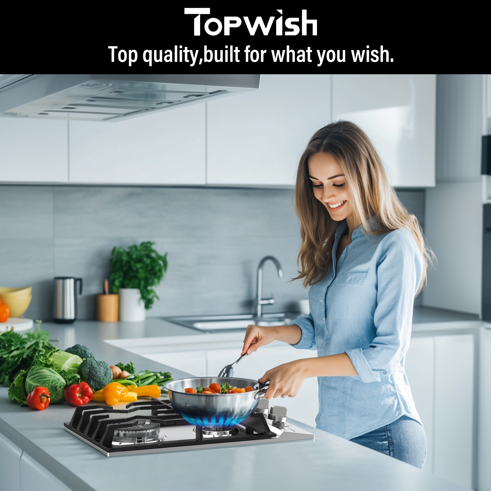 TOPWISH 12" Built-In Gas Cooktop, 2 Burners, 18,000 BTU, NG/LP Convertible, 304 Stainless Steel, Thermocouple Protection