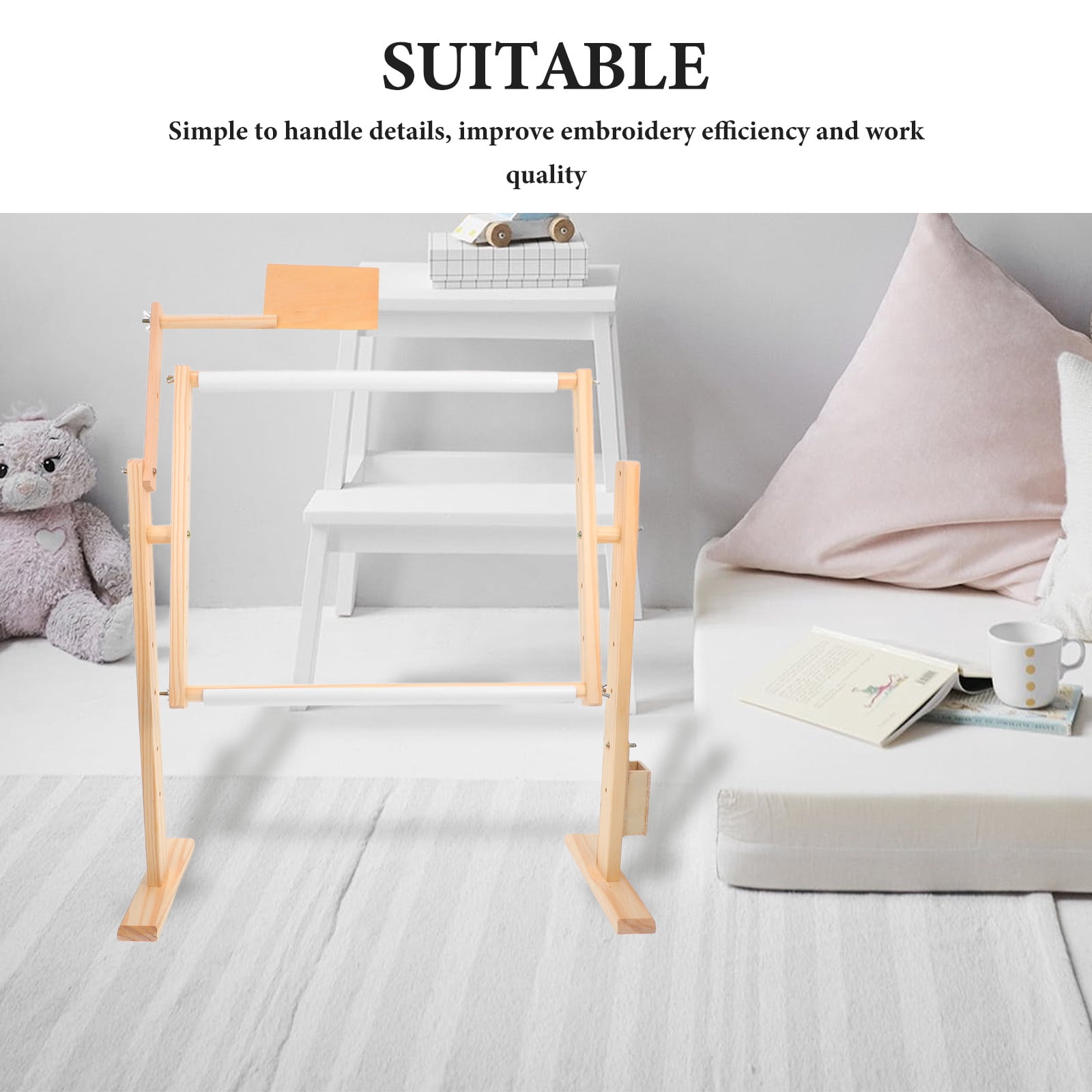 PAMINGONO Adjustable Beige Pine Embroidery Hoop Stand for Crafts with Height Control - 1 Set