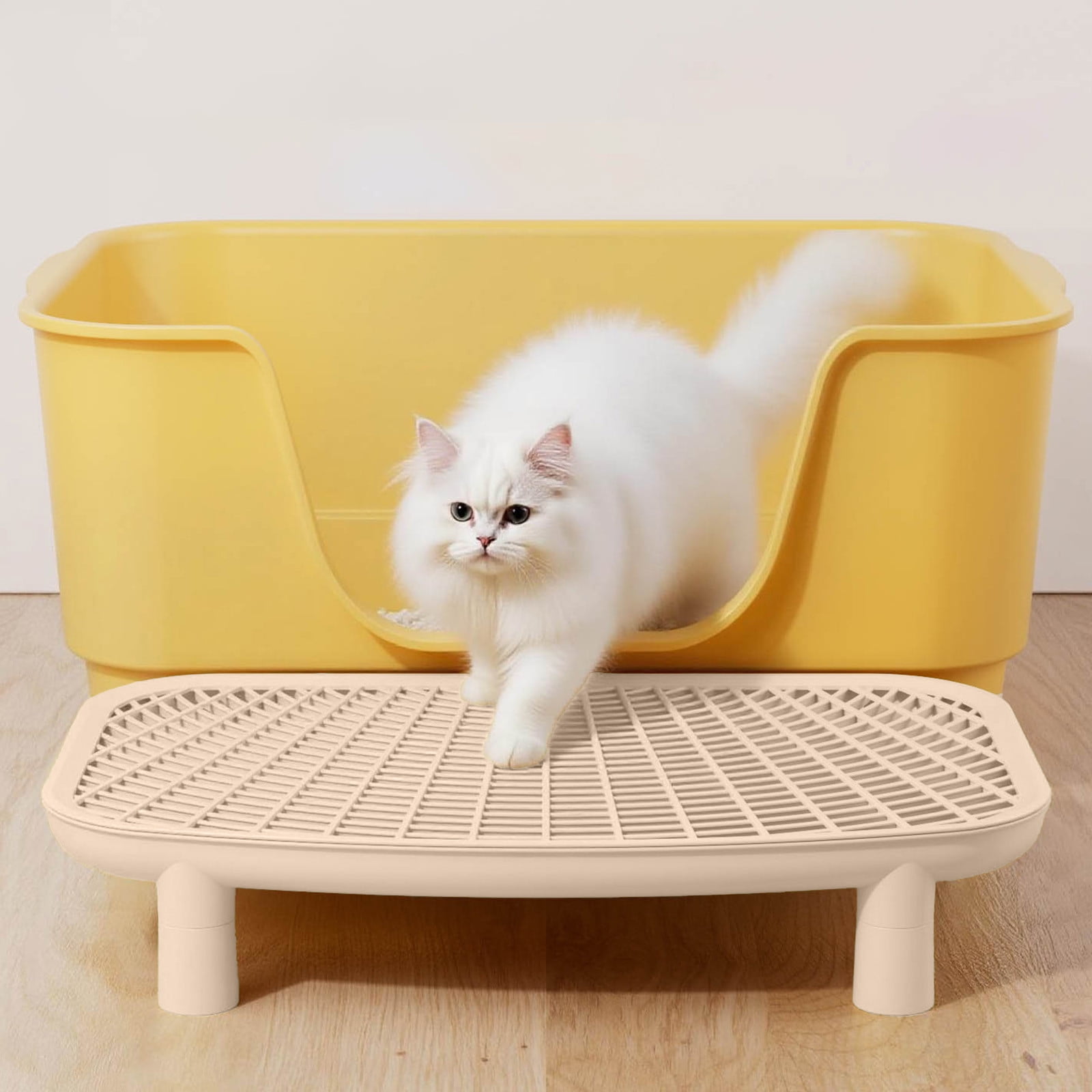 Qiopertar Double Layer Cat Litter Mat, Anti-Slip Litter Trapping Pad for Cat Box, Waterproof Pet Floor Mat with Sand Control Grooves for Bathroom Kitchen Laundry Room, Beige