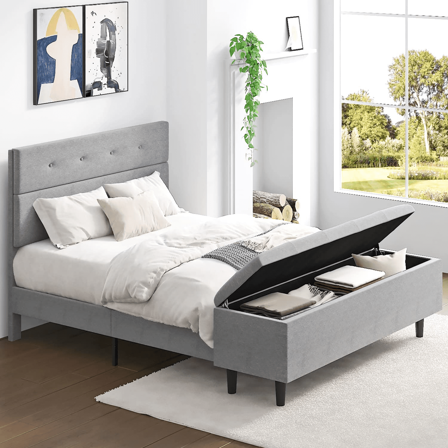 Einfach Queen Upholstered Bed Frame with 120 L Large Storage Ottoman, Light Fabric, Button-Tufted - Walmart.com