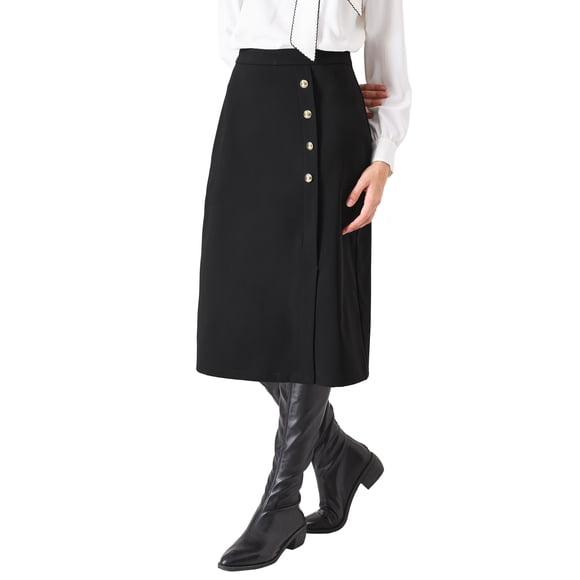 Falda lápiz de mujer Inspire Chic para el trabajo, con cintura alta elástica y decoración de botones, falda midi L negra