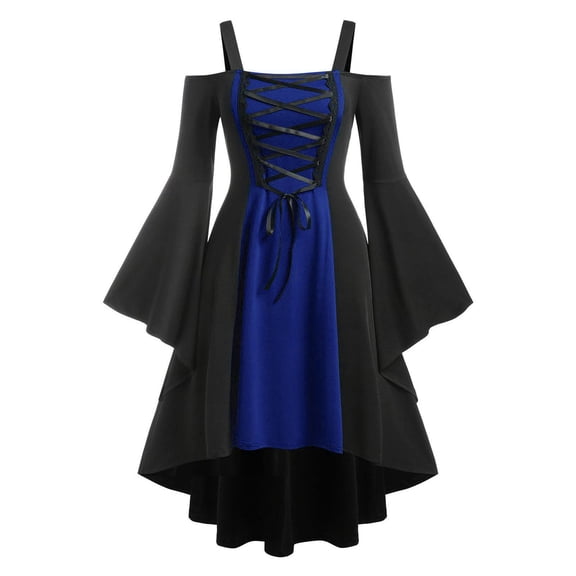 JOANKDMI Gothic Renaissance Dress for Women Lace Up Front Off Shoulder Bell Sleeve High Low Asymmetrical Steampunk Halloween Cosplay Costume Medieval Witch Gown