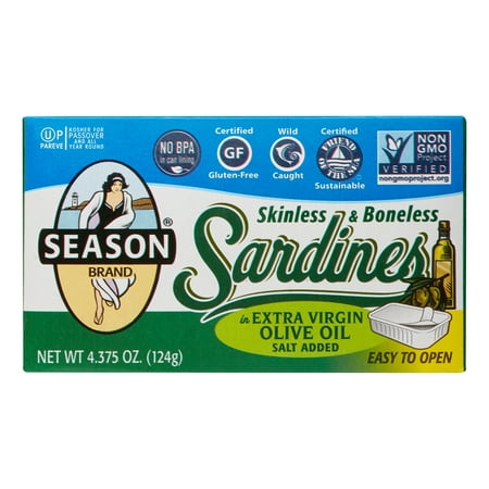 (2 Pack) Season Brand Sardines, Skinless & Boneless, in Extra Virgin Olive Oil, 4.375