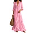thumbnail image 3 of HVOBTTY Womens Maxi Dress Deep V Neck Ruffle 3/4 Sleeve red Solid Color Long Romantic, 3 of 5