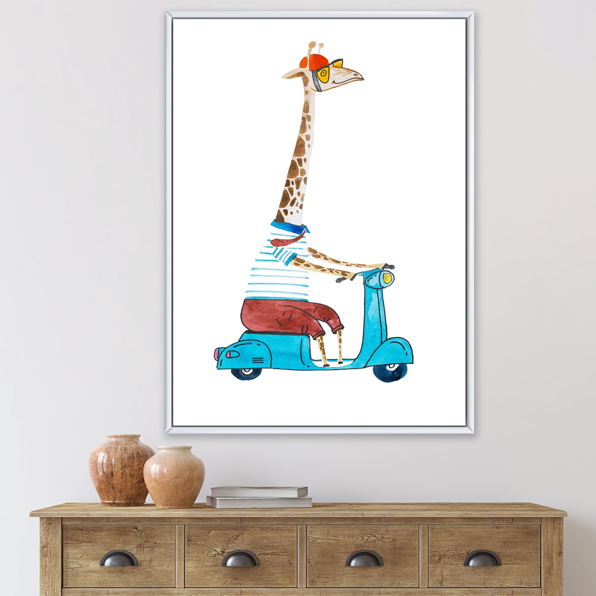 Designart 'Giraffe Dressed Up Wearing Helmet & Riding Blue Scooter' Children's Art Framed Canvas Wall Art Print