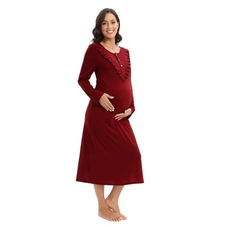 

Women s Maternity Nursing Breastfeeding Nightgown Long Sleeve Round Neck Button Up Nursing Nightdress with Ruffle Decor Side Slit Pregnancy Nightshirt Postpartum Sleep Dress