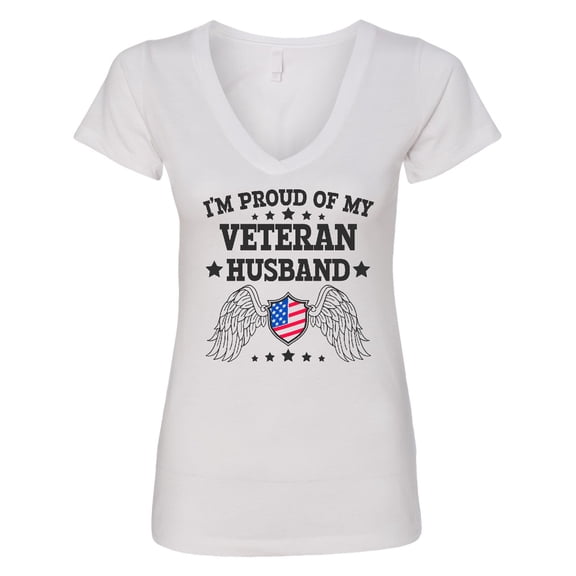 Inktastic I'm Proud of My Veteran Husband with Shield American Flag and Angel Wings Women's V-Neck T-Shirt