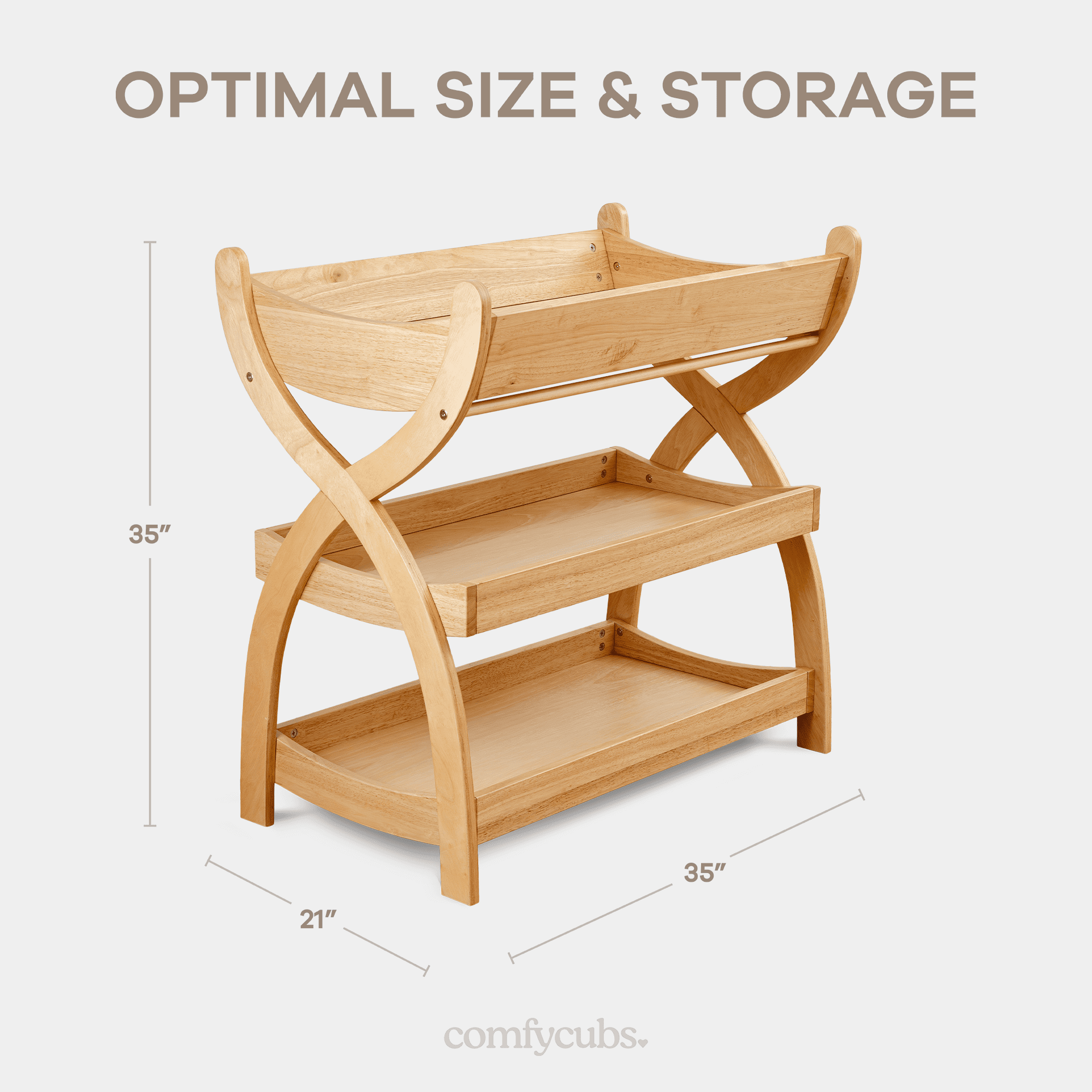 Comfy Cubs Baby Changing Table with Two Open Shelves for Storage - Natural Wood