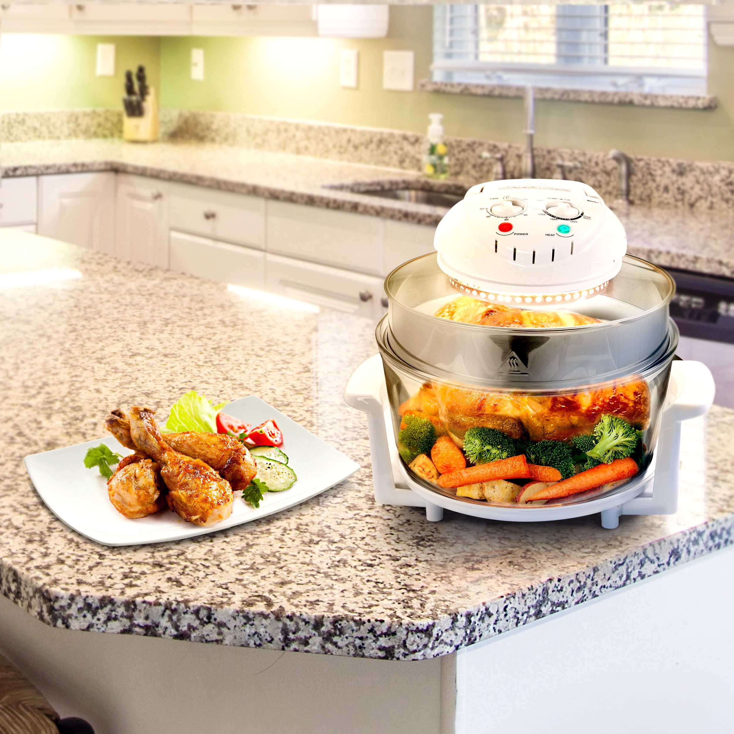 MegaChef Rotisserie Oil Free 14.25 Inch Halogen Oven Air Fryer/Rotisserie/Roaster, White
