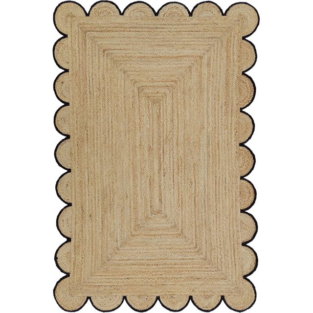 Hand Woven Farmhouse Jute Area Scalloped Rug Natural Scallop Pattern Jute Bohemian Base Black Trim Rug (Black, 8'x10')