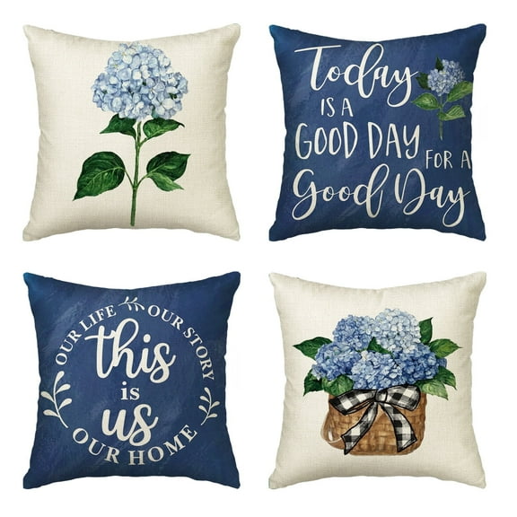 Sm:)e Today is a Good Day Hydrangea Pillow Cover 18x18 Inch Set of 4 Sofa Outdoor Cushion Cover, Navy Blue and Beige
