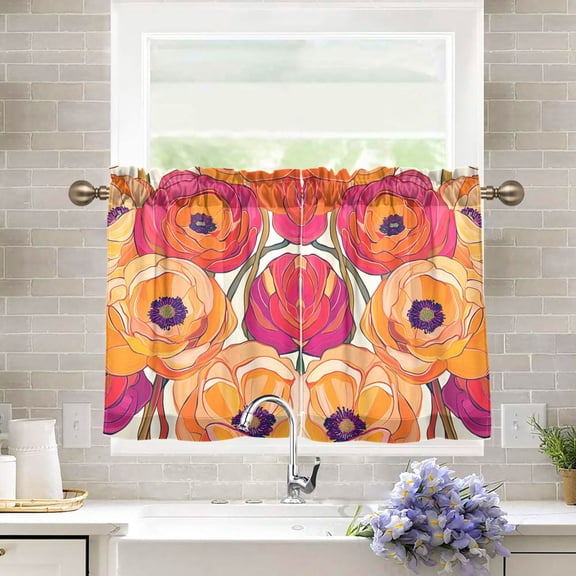 Yayeee Kitchen Curtains Tier Pair Light Filtering 27"x36" Rod Pocket Short Cafe Window Panel, Orange Hand Drawn Floral