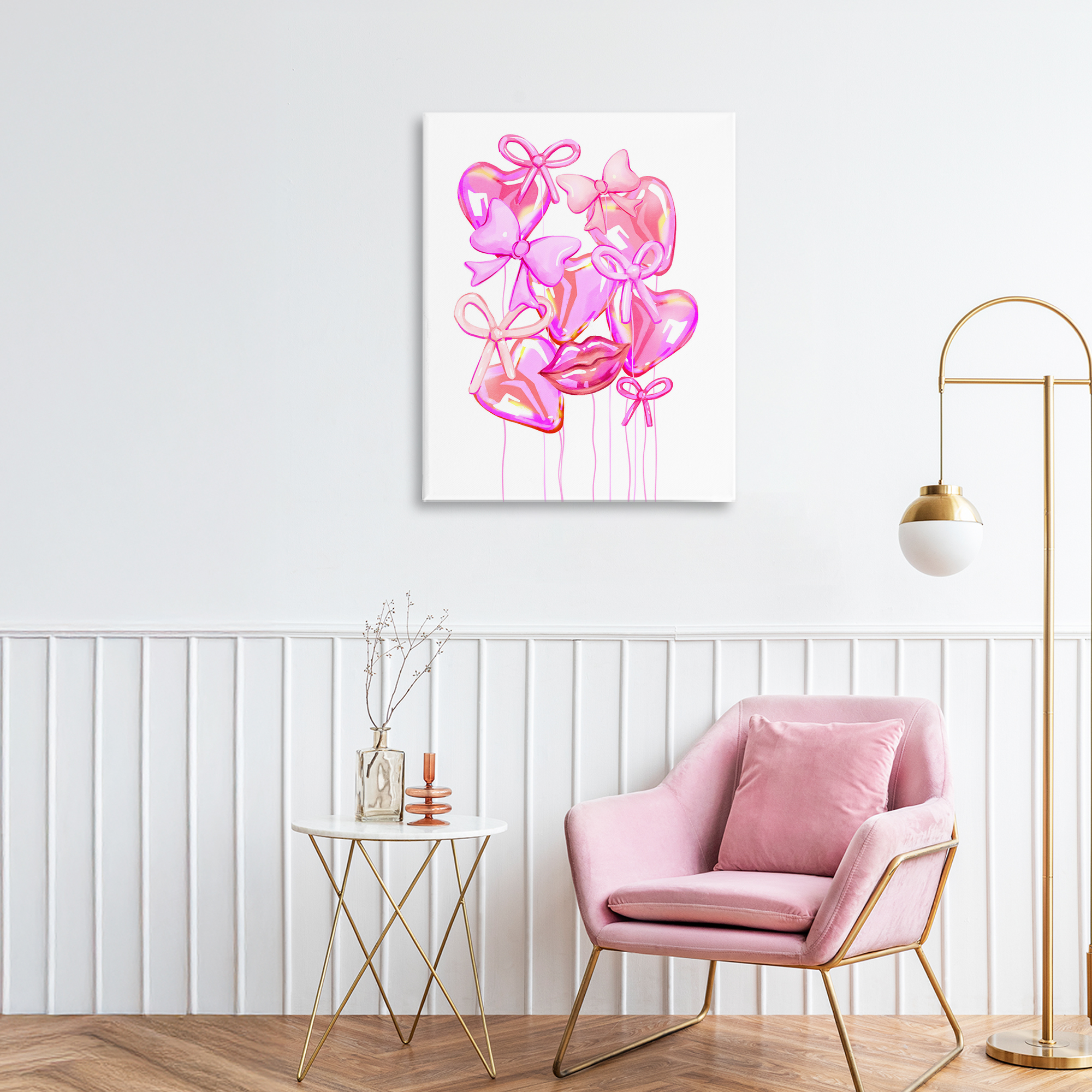 Pink Heart and Bow Balloons Canvas Wall Art, design by Ziwei Li