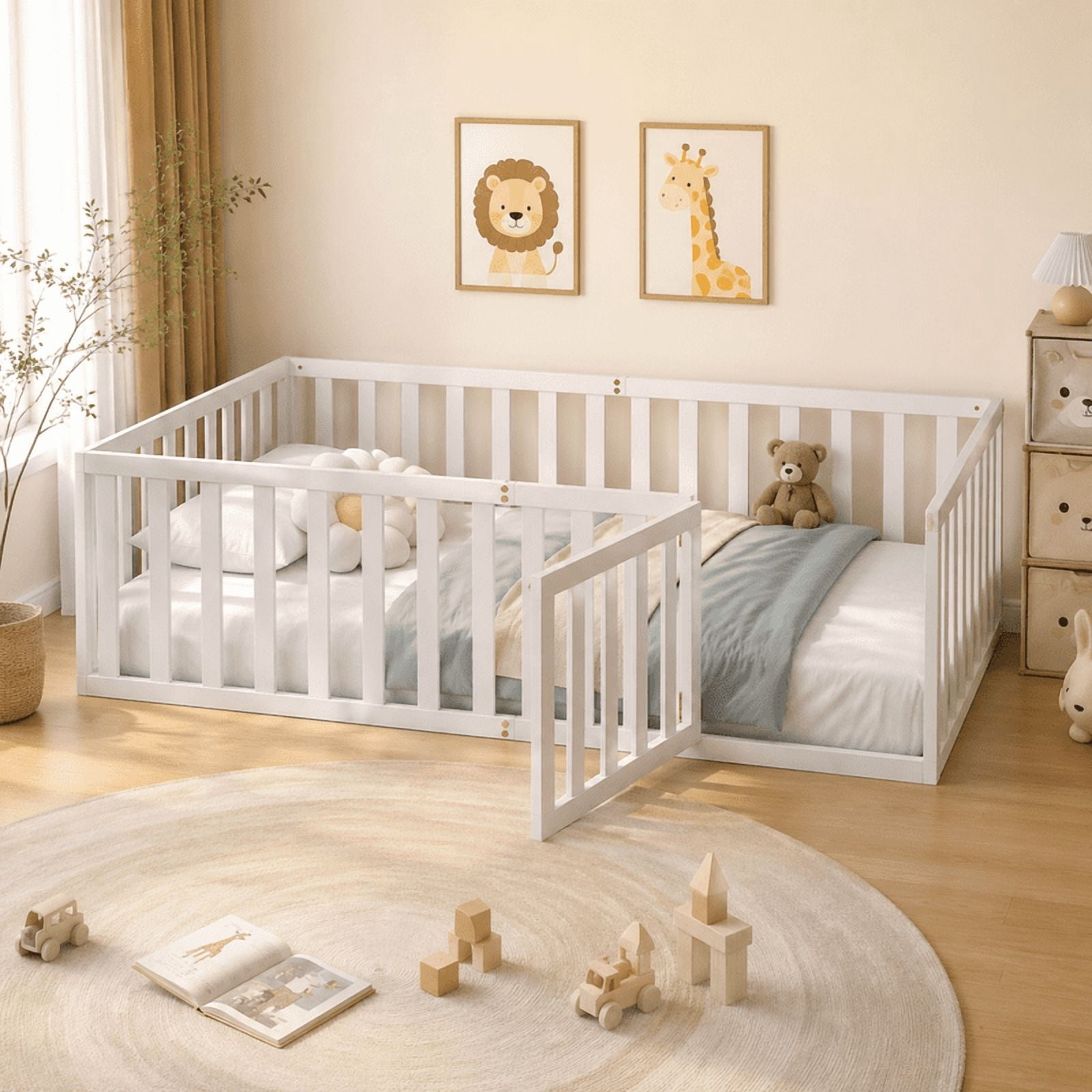 Twin Size Floor Bed Platform Bed with Fence and Door, Wood Montessori Bed Toddler Bed Playhouse Bed for Boys Girls, No Slats