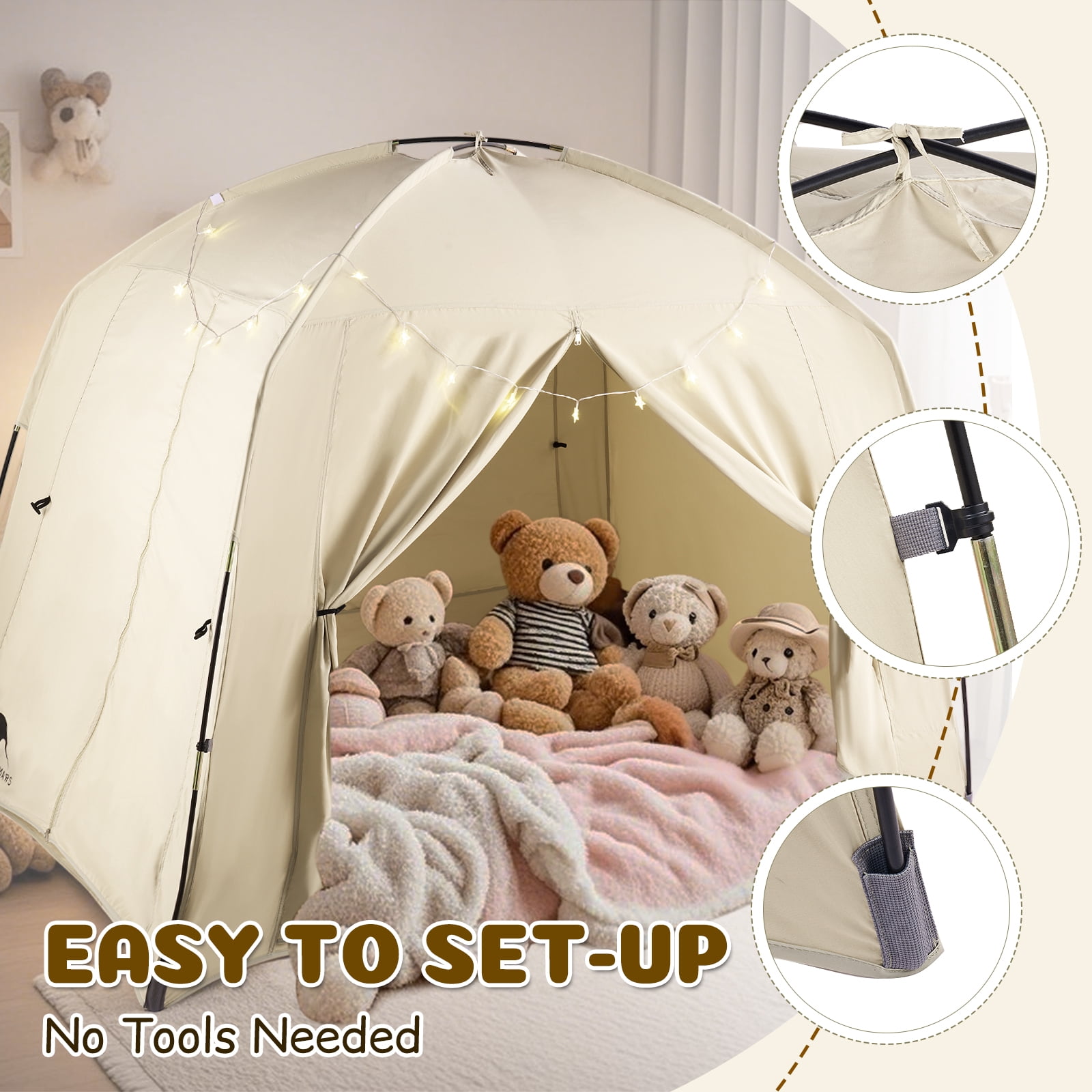 Bed Tents for Kids and Adult, Portable 100% Breathable and 85% Blackout Toddler Dream Play Tent, 3 Doors Privacy Space Sleeping Canopy for Indoor Floor or Twin Full Queen Sizes Bed (Khaki, Full-Size)