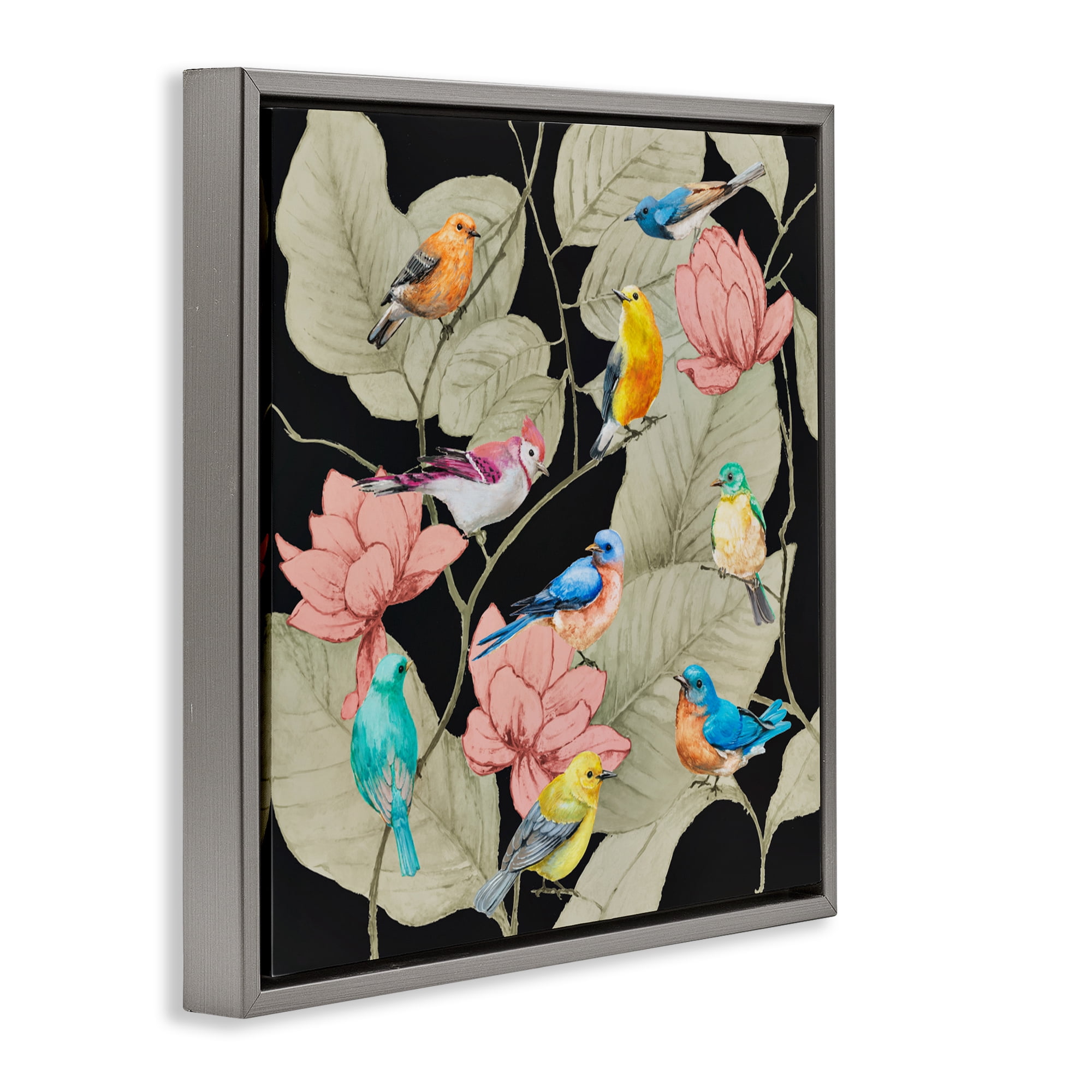 Stupell Industries Colorful Birds & Leaf Motif Gray Framed Floater Canvas Wall Art, design by Lorenzo Collective