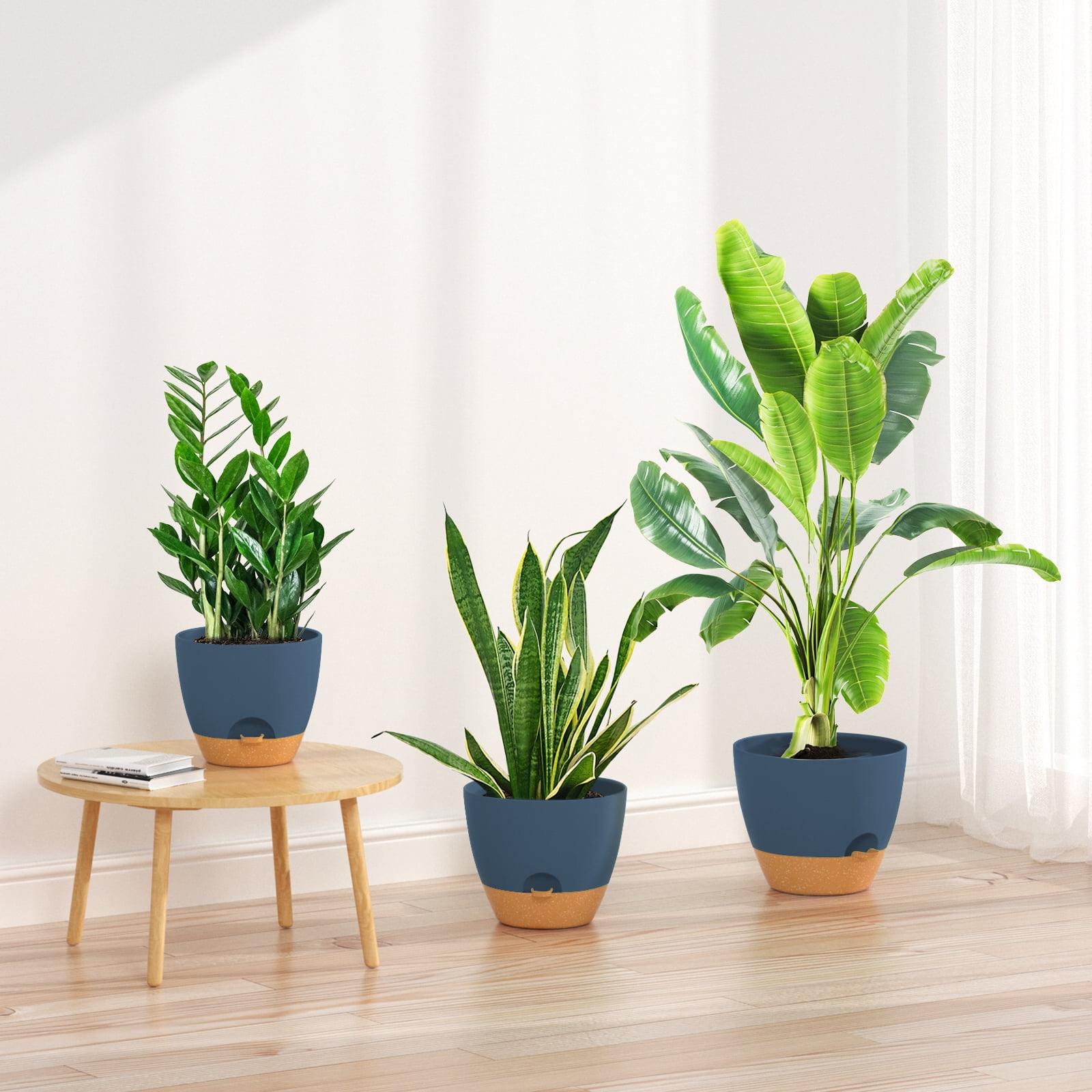 FIASON 3 Pack 9/10/12 Inch Blue & Brown Self-Watering Plastic Plant Pots, Indoor Outdoor Garden Planters with Drainage Holes, Watering Lip & Removable Saucer for Flowers & House Plants