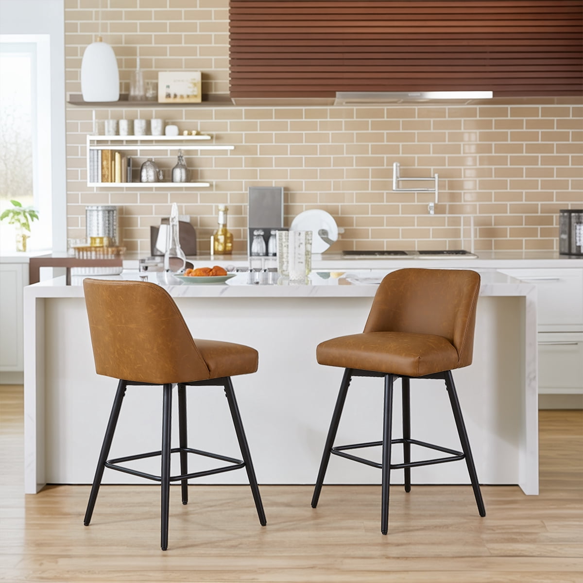 Modern Bar Stools Set of 2, 26" H Swivel Counter Height Barstools with High Backs, Kitchen Island Stools, For Bar & Home,Faux Leather, Brown