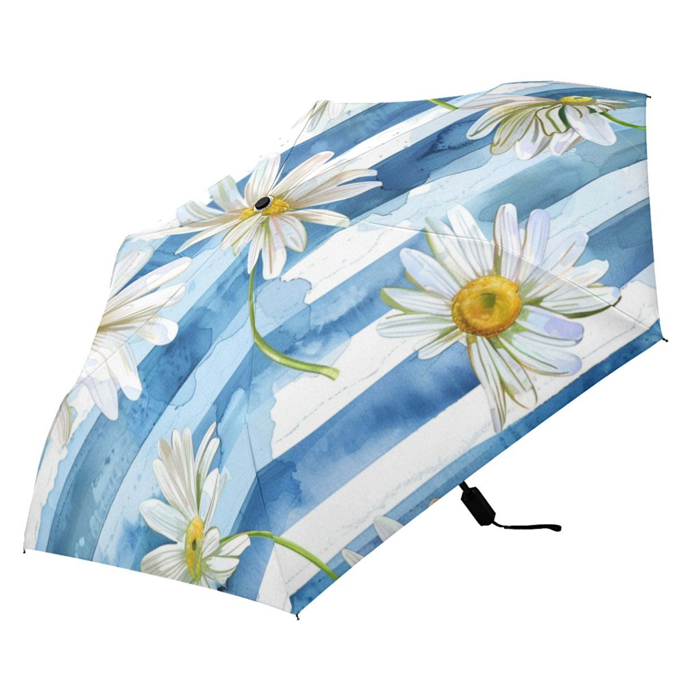 Daisy Flower on Blue White Stripes Compact Sun Umbrella Windproof Travel Umbrellas for Rain Strong Portable UV Protection