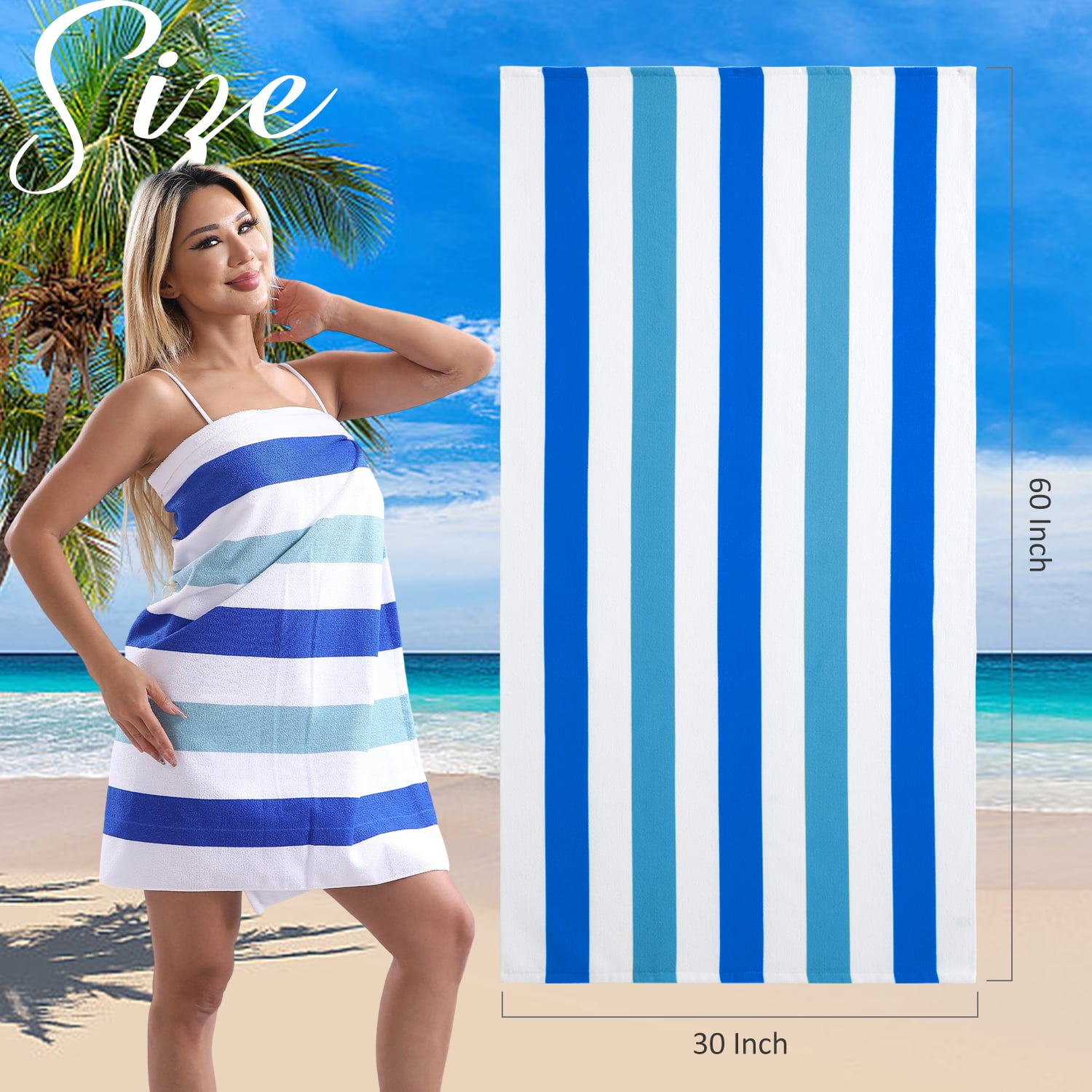 Smuge 4 Pack Cabana Stripe Beach Towels Set, 60x30 inches Microfiber Lightweight Outdoor Large Swim Towel for Adults (Navy Green)