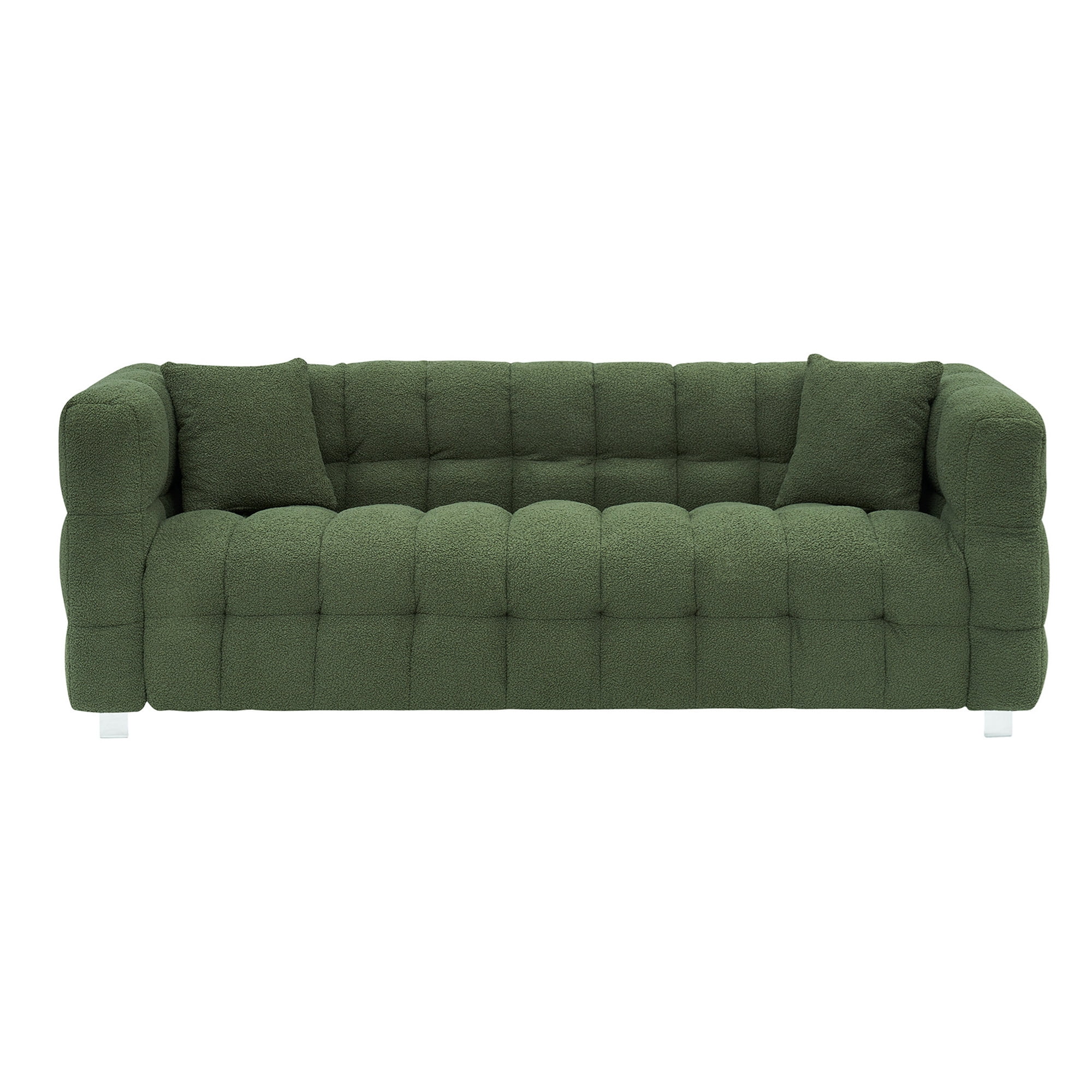 Aukfa 80" Modern Comfy Sofa, Deep Tufted Couch for Living Room, 2 Pillows, Teddy Fleece Green