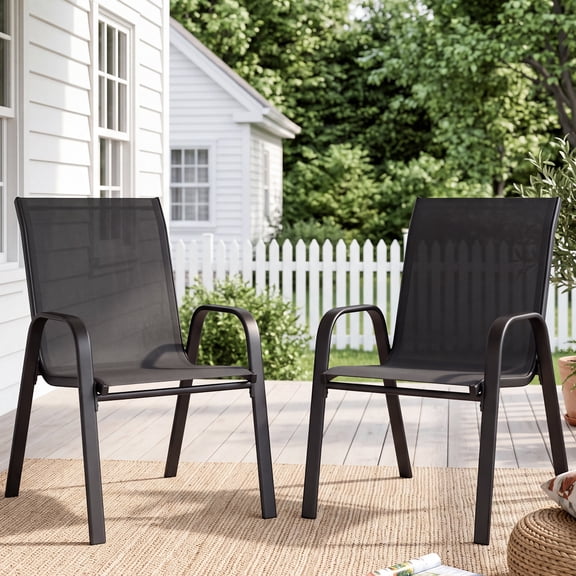 LOGYAT Set of 2 Stackable Outdoor Dining Chairs, Breathable Textilene Metal Frame Patio Chairs for Lawn Garden Backyard Deck, Black