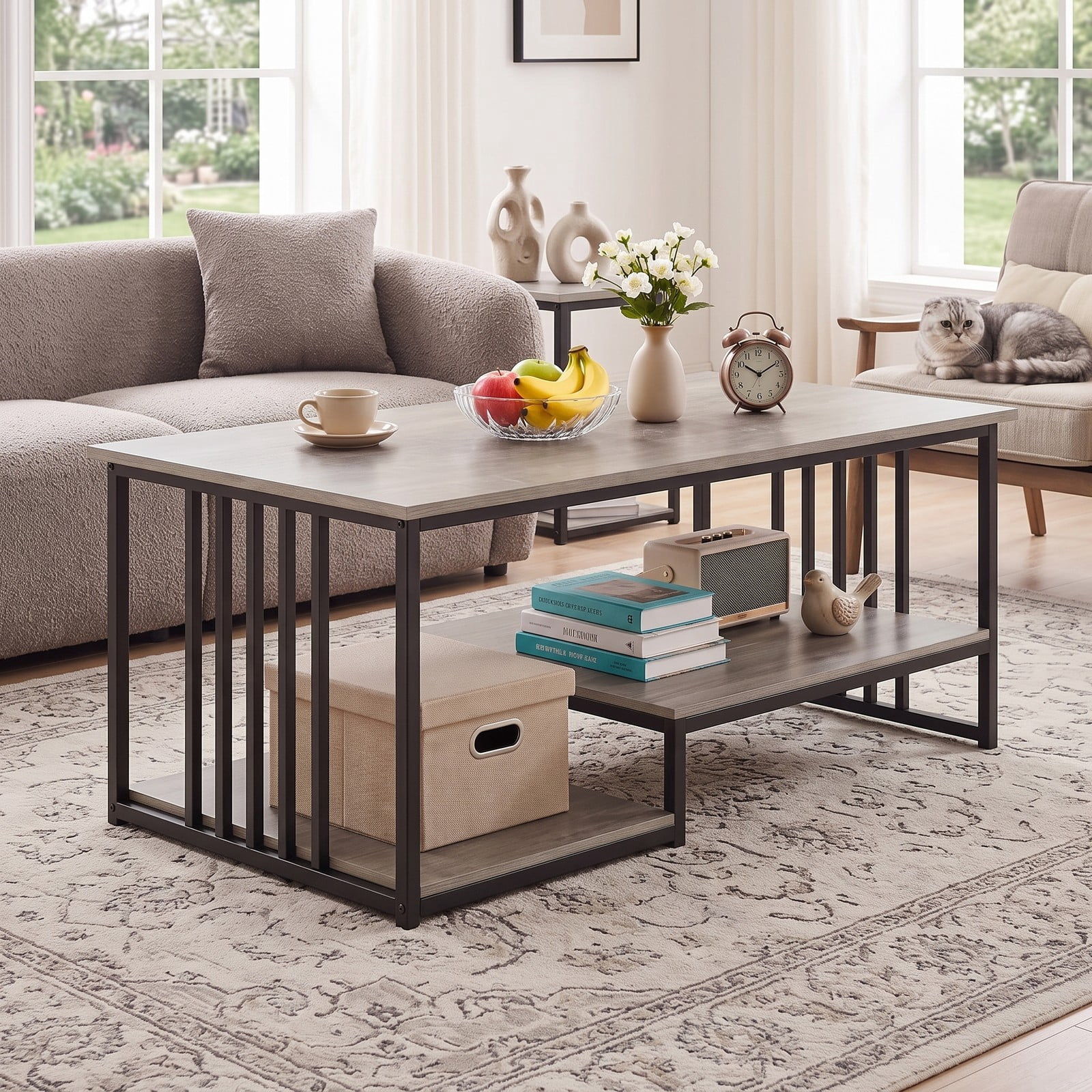 Furnibear 43.5" 2-Tier Coffee Table with Open Storage Shelf, Modern Rustic Wood and Metal Frame Center Table for Living Room, Rectangular Farmhouse, Oak and Black