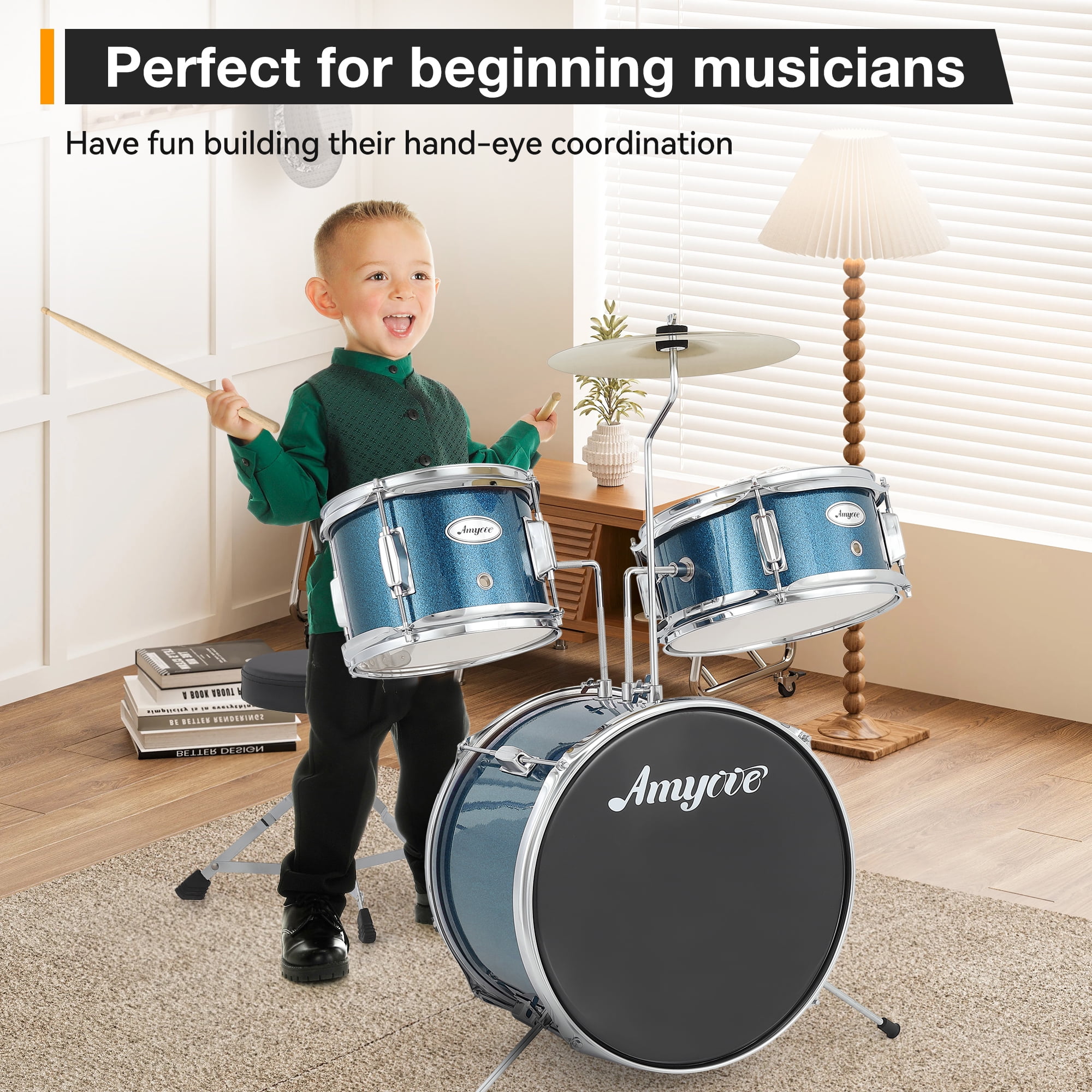 3 Piece Kids Drum Set, Junior Drum Set for Beginners with Bass Tom Snare Drum, 14.76 Inch Drum Kit with Snare, Cymbal, Drumsticks, Adjustable Seat (Blue)