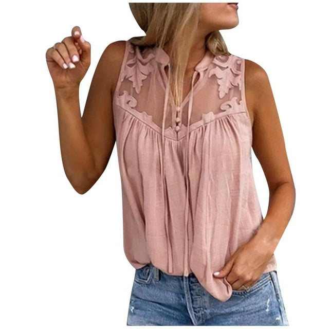 Womens Summer Tops, Spring Summer Temptation Solid Color Chiffon Stitching Lace V-Neck Sleeveless, Women's Top