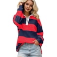 thumbnail image 2 of Women Striped Color Block Polo Sweatshirt Lapel Collared Long Sleeve Oversized Shirt Trendy Spring Clothes (Red S), 2 of 5