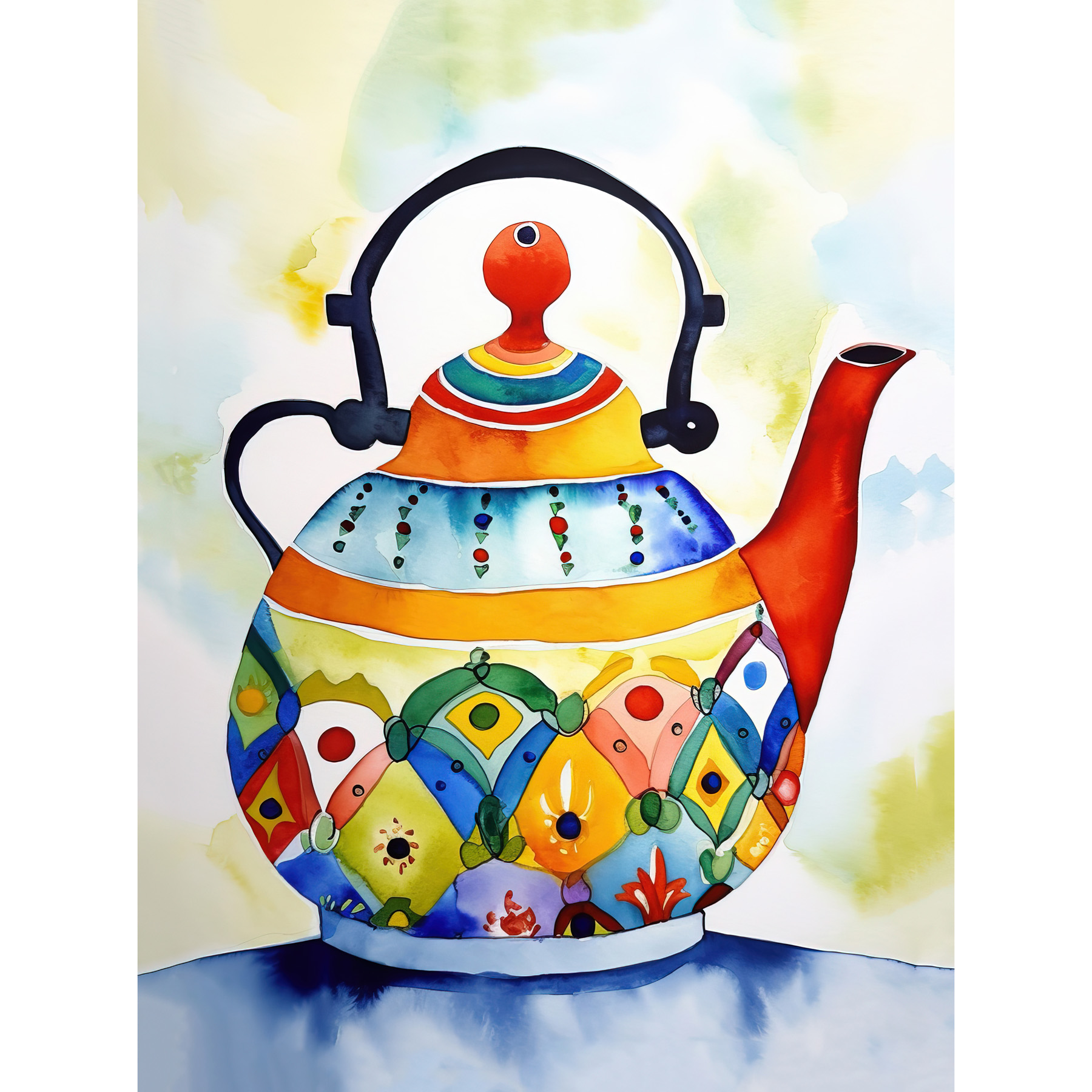 Enamelled Patterned Teapot Tea Kettle Folk Art Watercolour Painting Enamelled Patterned Teapot Tea Kettle Folk Art Watercolour Painting