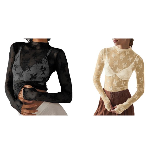 (Lot de 2) Rinsvye Chemise à Manches Longues en Maille Superposition Haut pour Femmes Col Roulé Tee pour Femmes Broderie Florale Chemises Transparentes Tendance