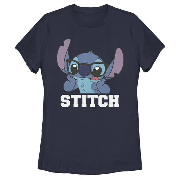 Women's Lilo & Stitch With Silly Black Glasses, Reading Time Graphic Tee Navy Blue Small