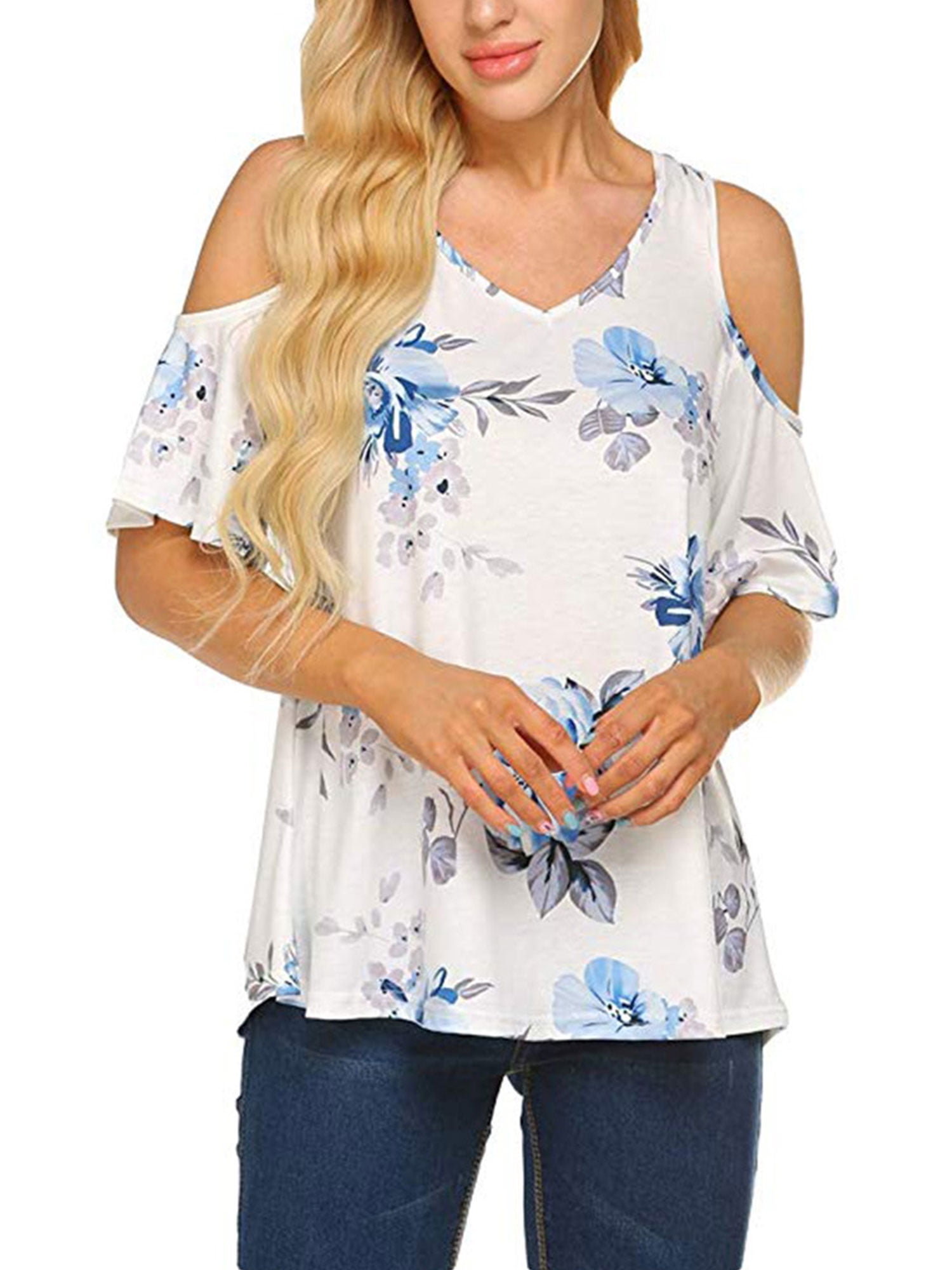 Women's Summer Cold Shoulder Loose Top Short Sleeve Blouse Casual Tops T-Shirt 