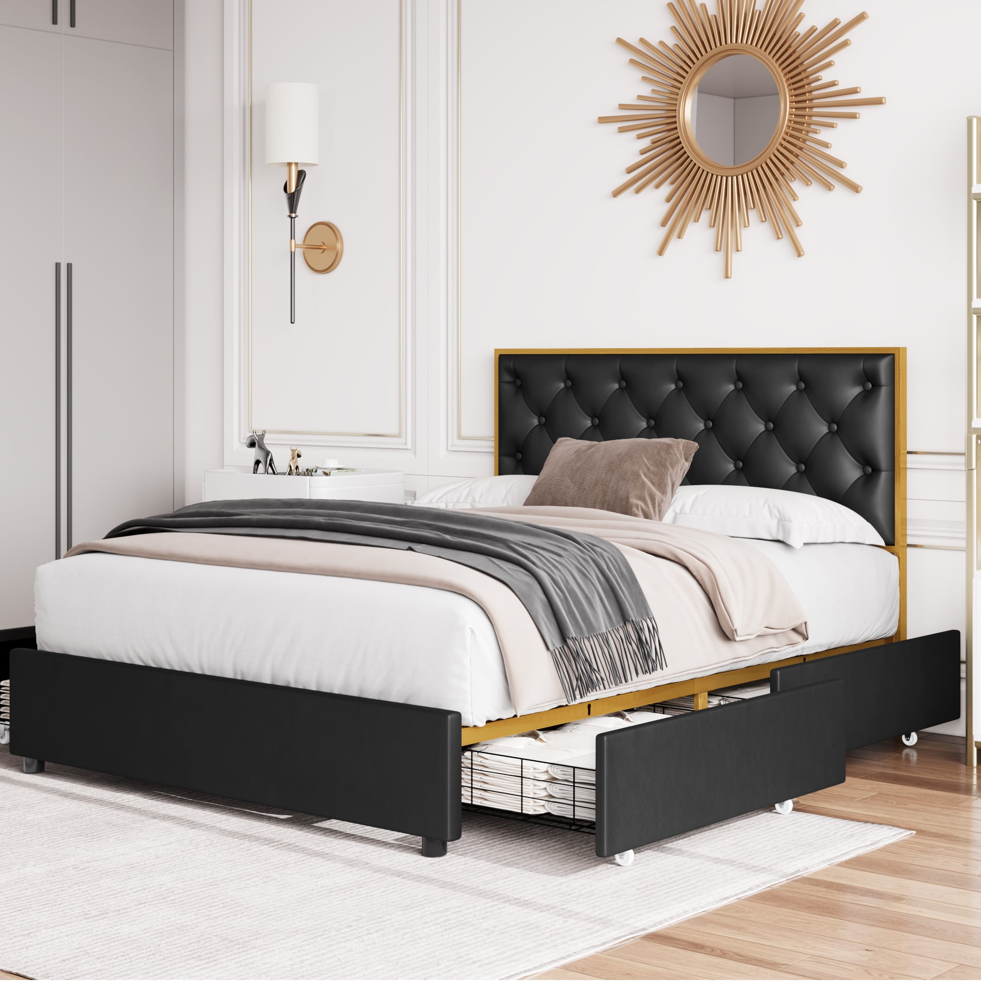 Homfa Full Size Bed Frame Base With 4 Drawers, Faux Leather Upholstered ...