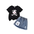 thumbnail image 2 of Toddler Girl Outfits Cozy Cartoon Cow Print Short Sleeve Crew Neck Top with Denim Shorts 2 Piece Girls' Clothing Sets Black Size 2-3 Y, 2 of 4