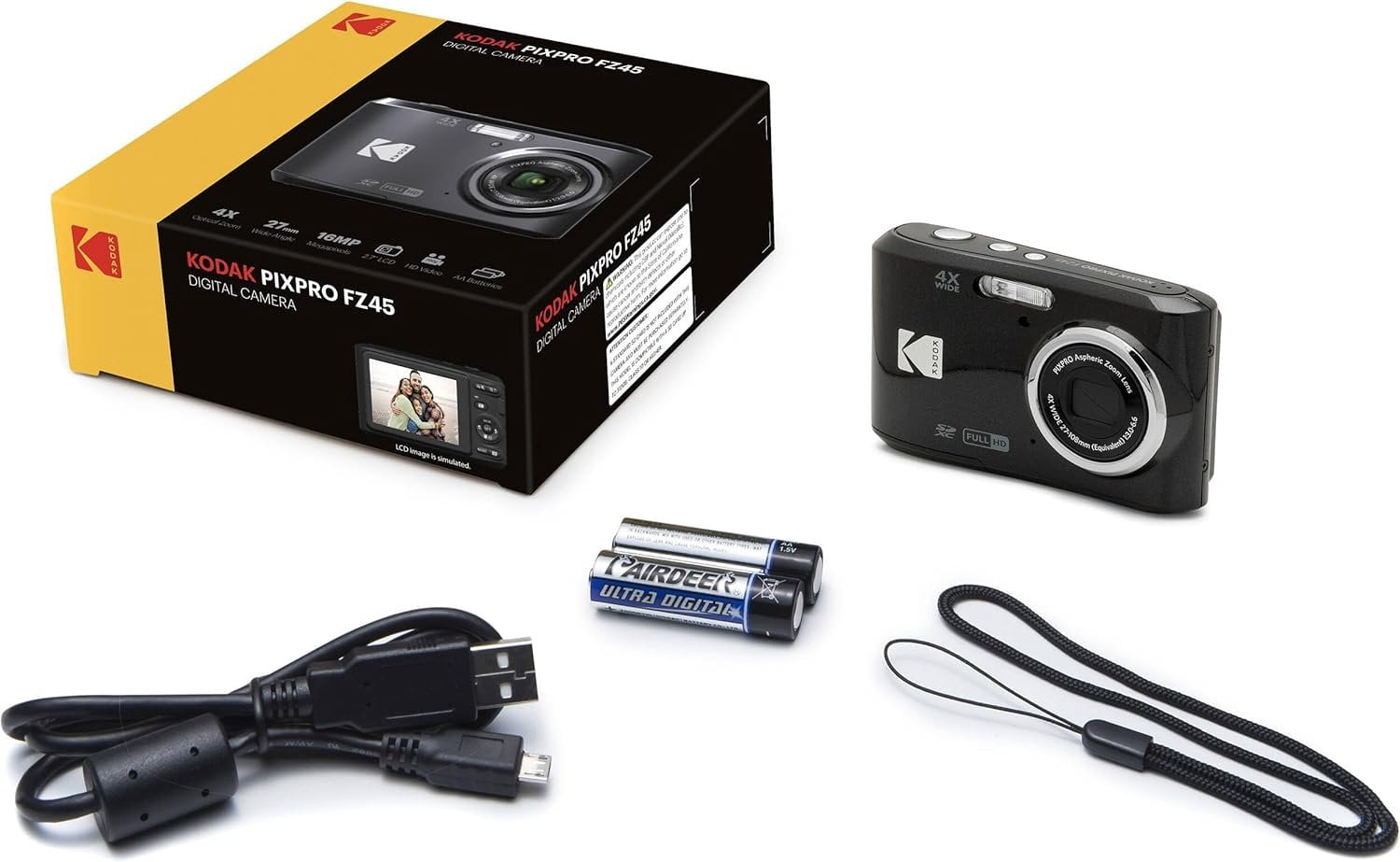 Kodak PIXPRO FZ45 16MP Digital Camera 4X Optical Zoom 27mm Wide Angle 1080P Full HD Video 2.7" LCD Camera Black + 64GB Card and Reader + Case + Memory Wallet + Tripod + Cleaning Bundle