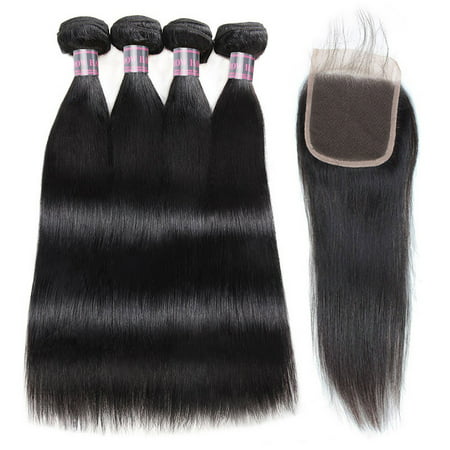 Allove 7A Peruvian Straight Human Hair 4 Bundles with Closure with Baby Hair Free Middle Hair Weave, 22