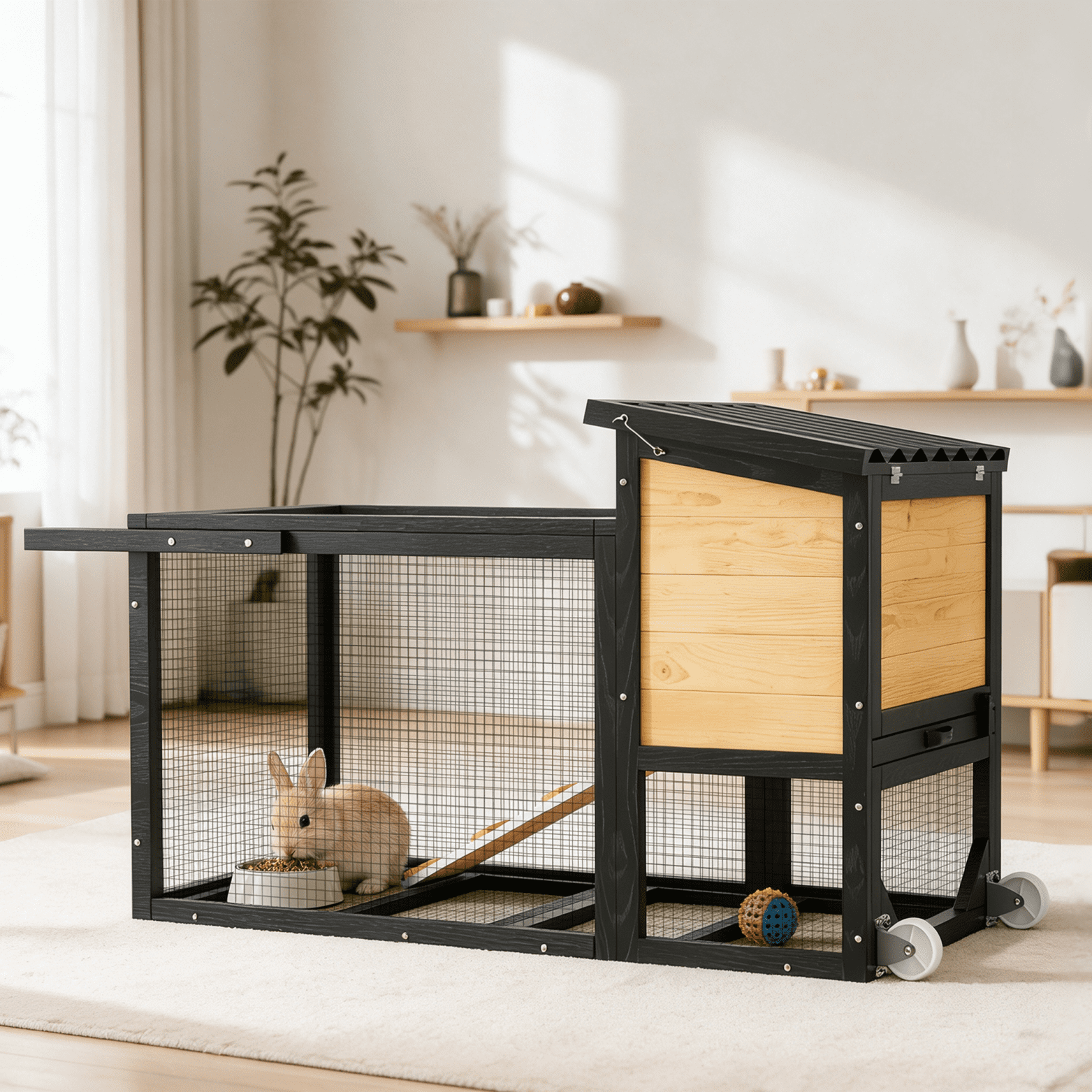 TIMHAKA 2-Story Rabbit Hutch, Wooden Bunny Cage w/ Chew-Proof Ramp & Wheels & Pull-Out Tray for Rabbits & Small Animals, Black & Yellow