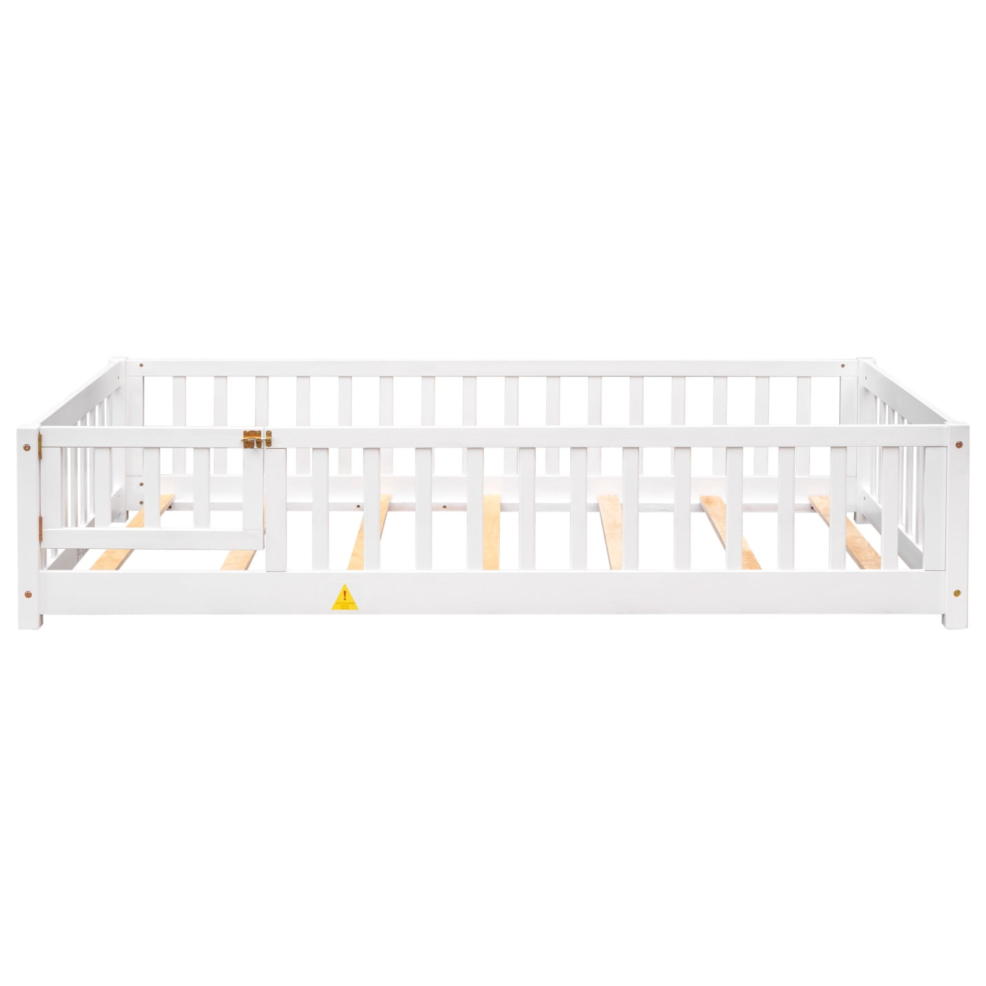 Twin Size Floor Bed, Montessori Floor Bed with Fence Rails and Door Design, Playhouse Bed Frame, Wooden Slats Support, White