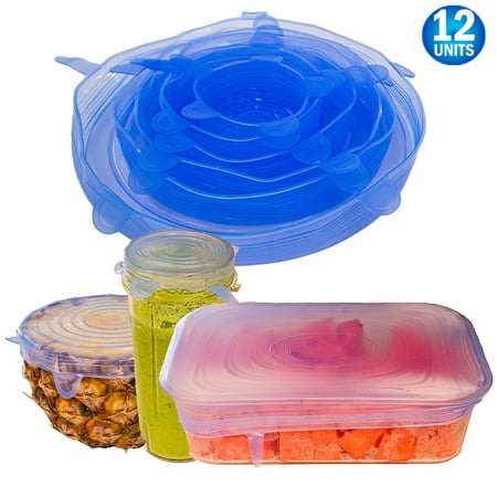 Stretch Lids Silicone Food Storage Container Lids - Reusable Premium 12-Pack - Leak-Proof & Eco-Friendly Covers for Fresh Food Storage in Plastic Containers  Jars  Bins  cups & Mason Bowls