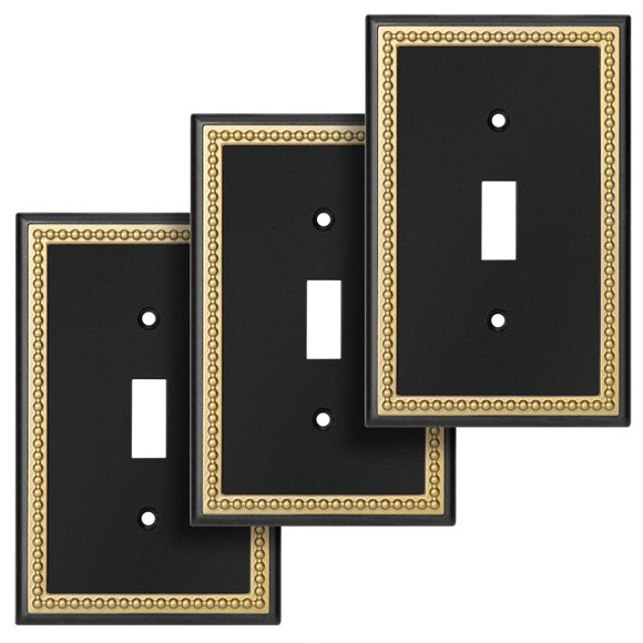 Pearled Frame Decorative Wall Plate Switch Plate Outlet Cover (Single Toggle 3PK, Black & Dark Golden)