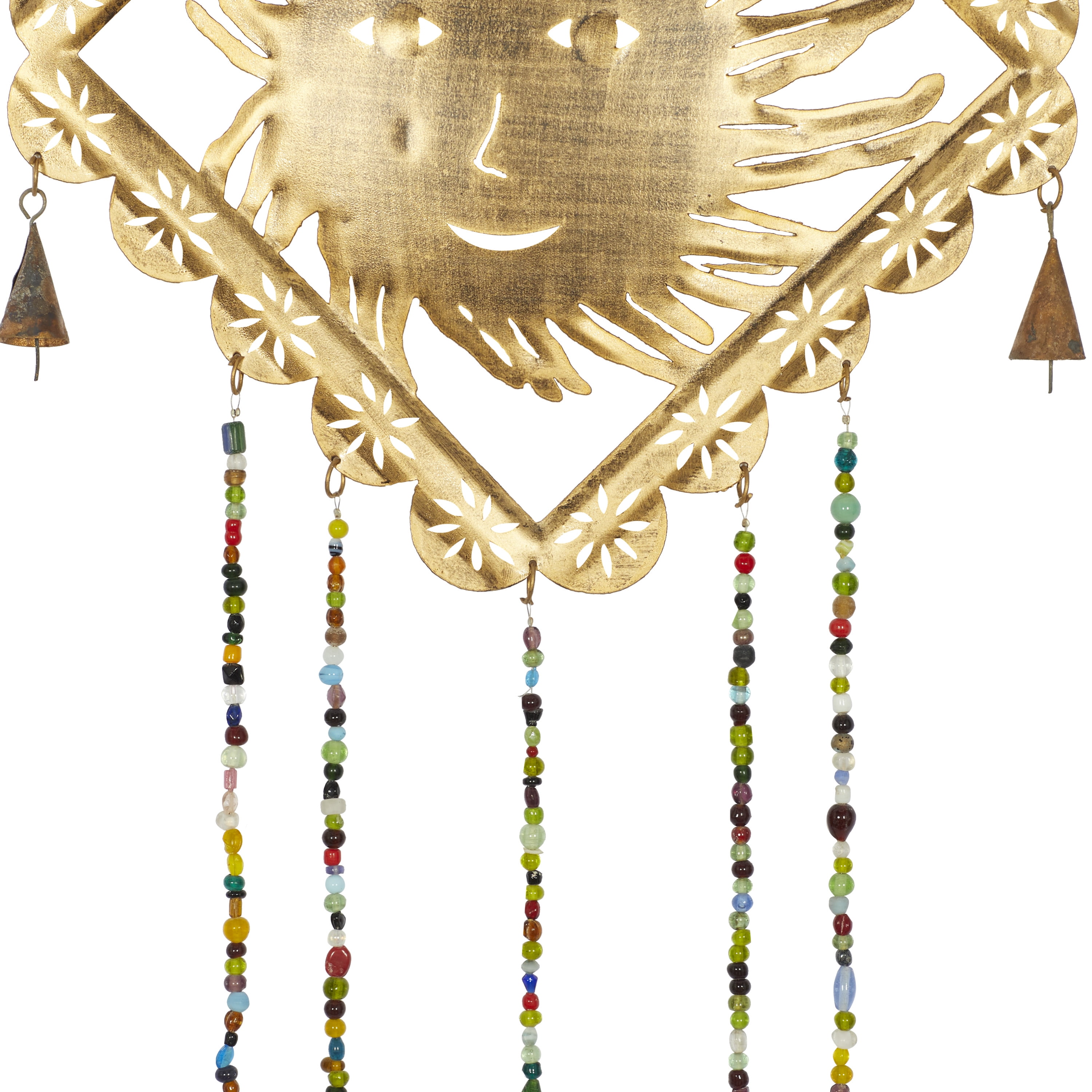 DecMode 30" Gold Metal Sun Windchime with Glass Beads and Cone Bells