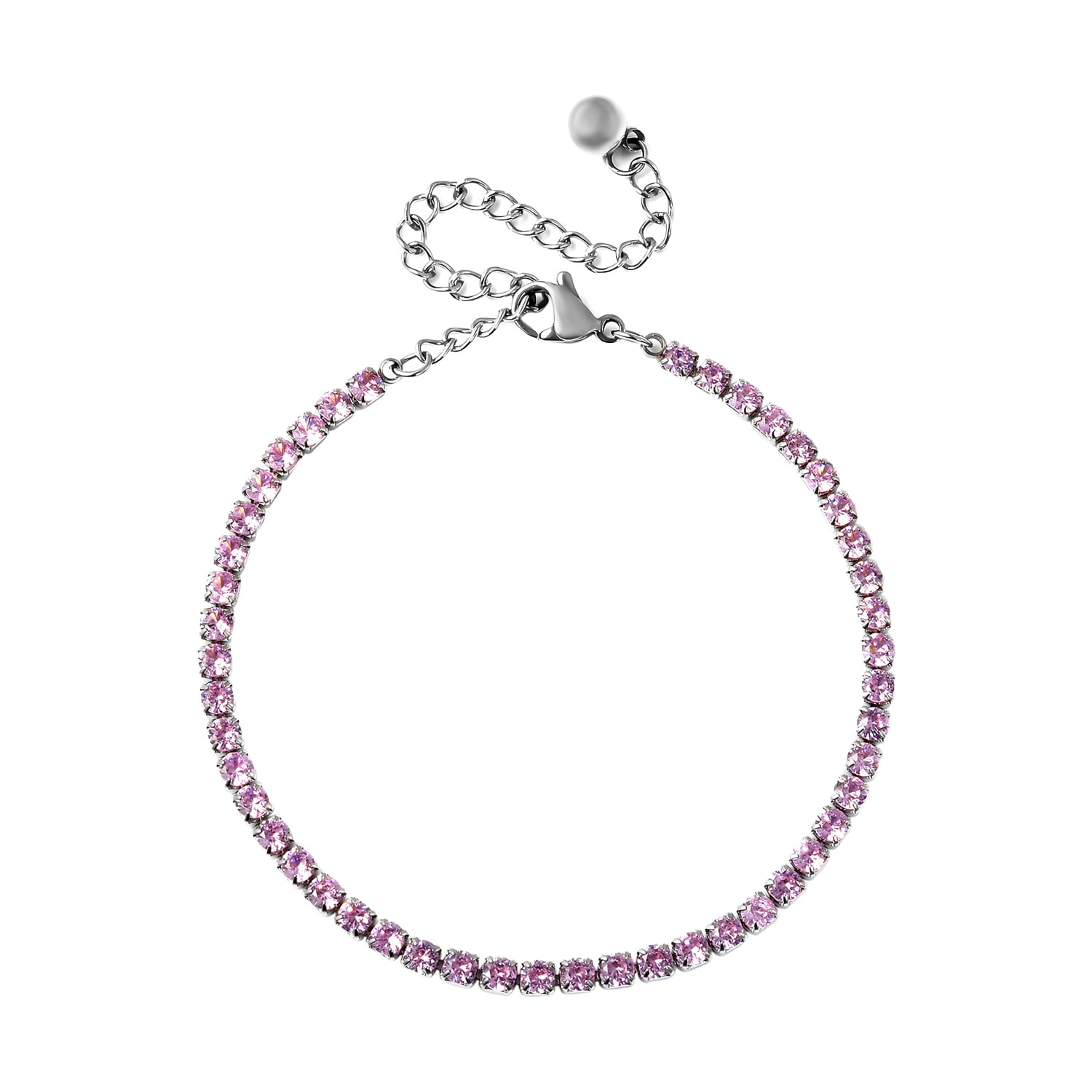Halo Tennis Chain Bracelet Adjustable Sterling Silver Pink CZ 