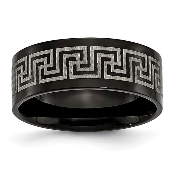 Black Titanium Greek Key Laser Etched 8mm Brushed and Polished Band Ring - Size 12